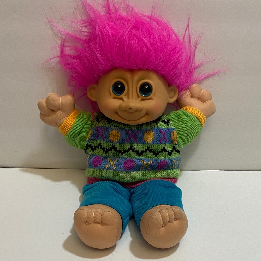 Vintage 1990’s Russ Troll Doll with Pink Hair and Colorful Sweater
